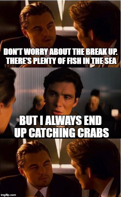 Inception | DON'T WORRY ABOUT THE BREAK UP. THERE'S PLENTY OF FISH IN THE SEA; BUT I ALWAYS END UP CATCHING CRABS | image tagged in memes,inception | made w/ Imgflip meme maker