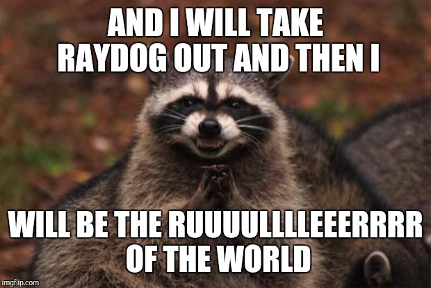 evil genius racoon | AND I WILL TAKE RAYDOG OUT AND THEN I; WILL BE THE RUUUULLLLEEERRRR OF THE WORLD | image tagged in evil genius racoon | made w/ Imgflip meme maker