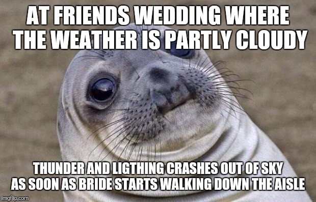 Awkward Moment Sealion Meme | AT FRIENDS WEDDING WHERE THE WEATHER IS PARTLY CLOUDY; THUNDER AND LIGTHING CRASHES OUT OF SKY AS SOON AS BRIDE STARTS WALKING DOWN THE AISLE | image tagged in memes,awkward moment sealion,AdviceAnimals | made w/ Imgflip meme maker
