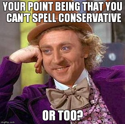 Creepy Condescending Wonka Meme | YOUR POINT BEING THAT YOU CAN'T SPELL CONSERVATIVE OR TOO? | image tagged in memes,creepy condescending wonka | made w/ Imgflip meme maker