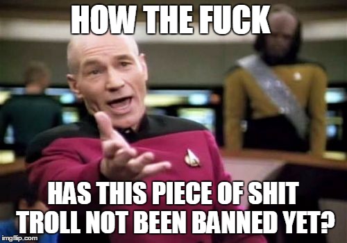 Picard Wtf Meme | HOW THE F**K HAS THIS PIECE OF SHIT TROLL NOT BEEN BANNED YET? | image tagged in memes,picard wtf | made w/ Imgflip meme maker