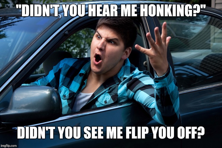 I'm not killing someone because you're impatient | "DIDN'T YOU HEAR ME HONKING?"; DIDN'T YOU SEE ME FLIP YOU OFF? | image tagged in road rage,memes | made w/ Imgflip meme maker