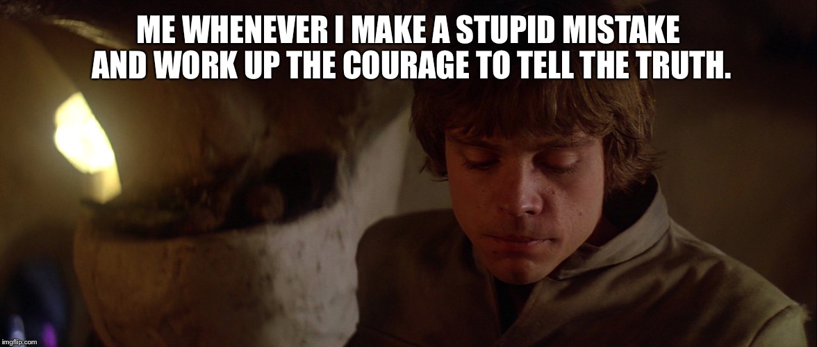 ME WHENEVER I MAKE A STUPID MISTAKE AND WORK UP THE COURAGE TO TELL THE TRUTH. | image tagged in star wars,the empire strikes back,luke skywalker,truth,mistake | made w/ Imgflip meme maker