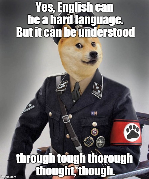 Grammar doge | Yes, English can be a hard language. But it can be understood; through tough thorough thought, though. | image tagged in grammar doge | made w/ Imgflip meme maker