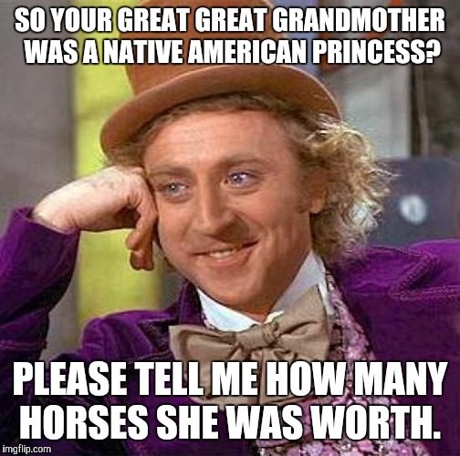 I get so sick of people saying this. My mother is guilty of it too. FYI, chiefs daughters weren't held in too high regard either | SO YOUR GREAT GREAT GRANDMOTHER WAS A NATIVE AMERICAN PRINCESS? PLEASE TELL ME HOW MANY HORSES SHE WAS WORTH. | image tagged in memes,creepy condescending wonka | made w/ Imgflip meme maker