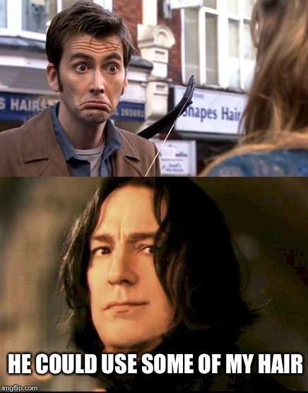 Snapes Hair | HE COULD USE SOME OF MY HAIR | image tagged in snape,hair,random,dr who,memes | made w/ Imgflip meme maker