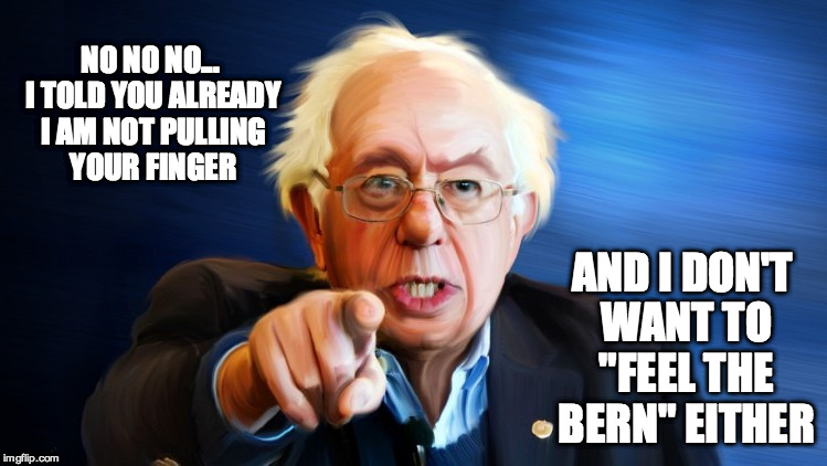 Old Geezers...Sheesh | NO NO NO... I TOLD YOU ALREADY I AM NOT PULLING YOUR FINGER; AND I DON'T WANT TO "FEEL THE BERN" EITHER | image tagged in bernie sanders pointing,pull my finger,election 2016,funny,creepy | made w/ Imgflip meme maker