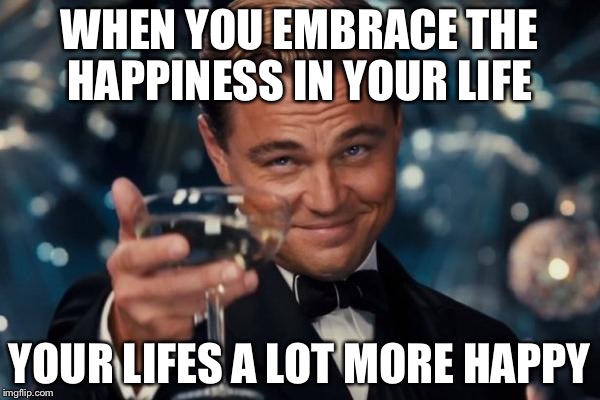 Leonardo Dicaprio Cheers | WHEN YOU EMBRACE THE HAPPINESS IN YOUR LIFE; YOUR LIFES A LOT MORE HAPPY | image tagged in memes,leonardo dicaprio cheers | made w/ Imgflip meme maker