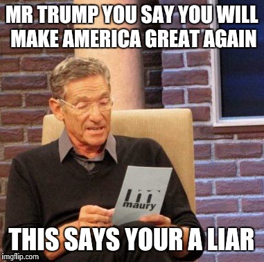 Maury Lie Detector | MR TRUMP YOU SAY YOU WILL MAKE AMERICA GREAT AGAIN; THIS SAYS YOUR A LIAR | image tagged in memes,maury lie detector | made w/ Imgflip meme maker