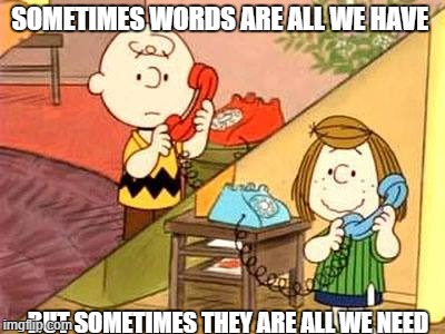 Words | SOMETIMES WORDS ARE ALL WE HAVE; BUT SOMETIMES THEY ARE ALL WE NEED | image tagged in charlie brown | made w/ Imgflip meme maker