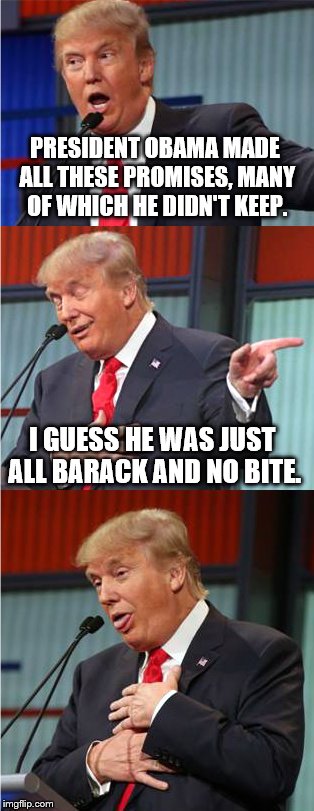 Bad Pun Trump | PRESIDENT OBAMA MADE ALL THESE PROMISES, MANY OF WHICH HE DIDN'T KEEP. I GUESS HE WAS JUST ALL BARACK AND NO BITE. | image tagged in bad pun trump,memes | made w/ Imgflip meme maker