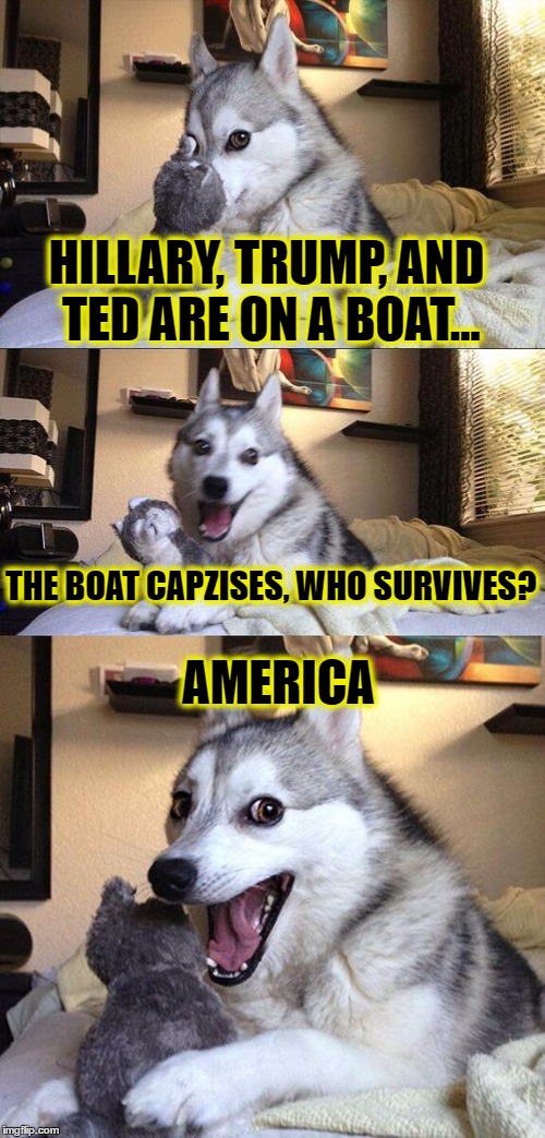 Bad Pun Dog | HILLARY, TRUMP, AND TED ARE ON A BOAT... THE BOAT CAPZISES, WHO SURVIVES? AMERICA | image tagged in memes,bad pun dog | made w/ Imgflip meme maker