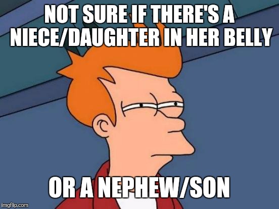 Futurama Fry Meme | NOT SURE IF THERE'S A NIECE/DAUGHTER IN HER BELLY OR A NEPHEW/SON | image tagged in memes,futurama fry | made w/ Imgflip meme maker