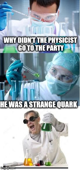 bad pun scientist | WHY DIDN'T THE PHYSICIST GO TO THE PARTY; HE WAS A STRANGE QUARK | image tagged in bad pun scientist | made w/ Imgflip meme maker