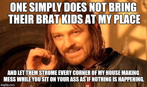 One Does Not Simply | ONE SIMPLY DOES NOT BRING THEIR BRAT KIDS AT MY PLACE; AND LET THEM STROME EVERY CORNER OF MY HOUSE MAKING MESS WHILE YOU SIT ON YOUR ASS AS IF NOTHING IS HAPPENING. | image tagged in memes,one does not simply | made w/ Imgflip meme maker