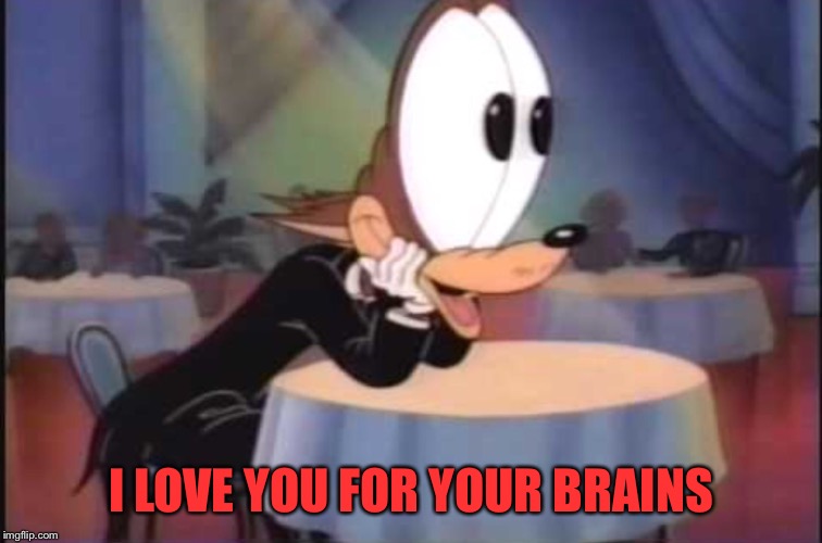 BIG EYED WOLF | I LOVE YOU FOR YOUR BRAINS | image tagged in big eyed wolf | made w/ Imgflip meme maker