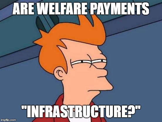 Futurama Fry Meme | ARE WELFARE PAYMENTS; "INFRASTRUCTURE?" | image tagged in memes,futurama fry | made w/ Imgflip meme maker