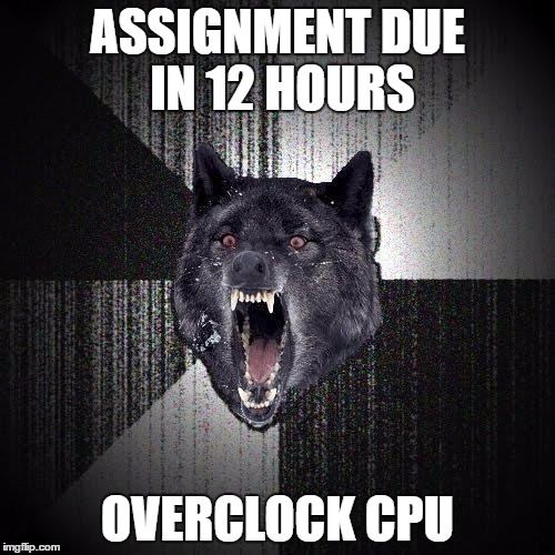 Insanity Wolf Meme | ASSIGNMENT DUE IN 12 HOURS; OVERCLOCK CPU | image tagged in memes,insanity wolf,AdviceAnimals | made w/ Imgflip meme maker
