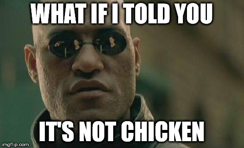 Matrix Morpheus Meme | WHAT IF I TOLD YOU IT'S NOT CHICKEN | image tagged in memes,matrix morpheus | made w/ Imgflip meme maker