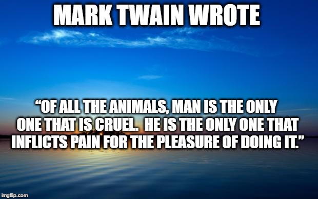 Inspirational Quote | MARK TWAIN WROTE; “OF ALL THE ANIMALS, MAN IS THE ONLY ONE THAT IS CRUEL.  HE IS THE ONLY ONE THAT INFLICTS PAIN FOR THE PLEASURE OF DOING IT.” | image tagged in inspirational quote | made w/ Imgflip meme maker