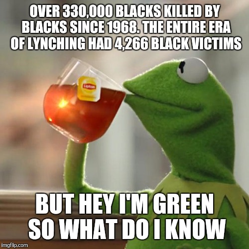 But That's None Of My Business Meme | OVER 330,000 BLACKS KILLED BY BLACKS SINCE 1968. THE ENTIRE ERA OF LYNCHING HAD 4,266 BLACK VICTIMS BUT HEY I'M GREEN SO WHAT DO I KNOW | image tagged in memes,but thats none of my business,kermit the frog | made w/ Imgflip meme maker