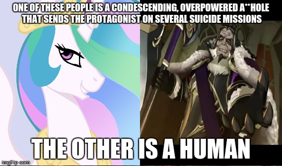 see if you can figure out which is which... | ONE OF THESE PEOPLE IS A CONDESCENDING, OVERPOWERED A**HOLE THAT SENDS THE PROTAGONIST ON SEVERAL SUICIDE MISSIONS; THE OTHER IS A HUMAN | image tagged in garon,celestia,mlp,fire emblem | made w/ Imgflip meme maker