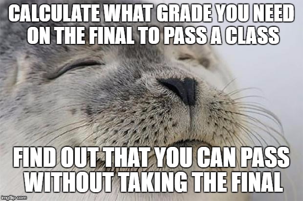 Satisfied Seal Meme | CALCULATE WHAT GRADE YOU NEED ON THE FINAL TO PASS A CLASS; FIND OUT THAT YOU CAN PASS WITHOUT TAKING THE FINAL | image tagged in memes,satisfied seal,AdviceAnimals | made w/ Imgflip meme maker
