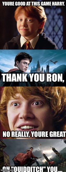 The puns are real in this meme | YOURE GOOD AT THIS GAME HARRY. THANK YOU RON, NO REALLY, YOURE GREAT; OH "QUIDDITCH" YOU,,.. | image tagged in harry potter | made w/ Imgflip meme maker