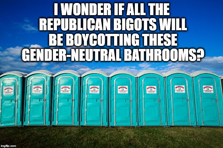 Scary Gender Neutral Bathrooms | I WONDER IF ALL THE REPUBLICAN BIGOTS WILL BE BOYCOTTING THESE GENDER-NEUTRAL BATHROOMS? | image tagged in republicans,bigots,discrimination,conservatives,bathrooms,public | made w/ Imgflip meme maker