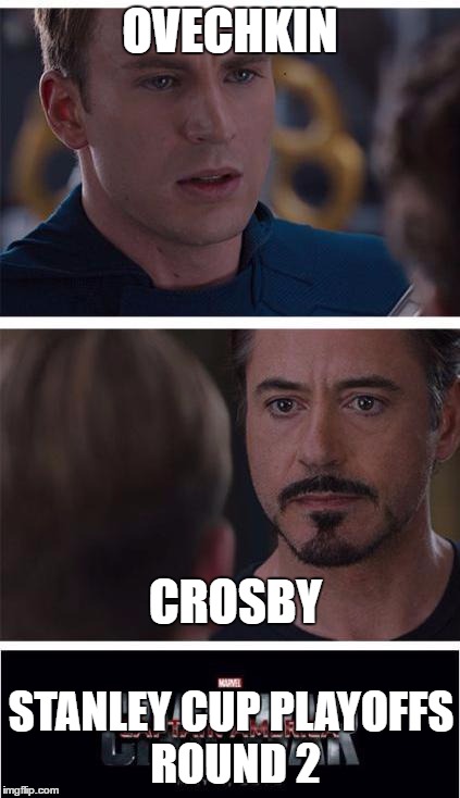 stanley cup playoffs super star showdown in metropolitan division final! | OVECHKIN; CROSBY; STANLEY CUP PLAYOFFS ROUND 2 | image tagged in memes,marvel civil war 1,stanley cup,nhl | made w/ Imgflip meme maker
