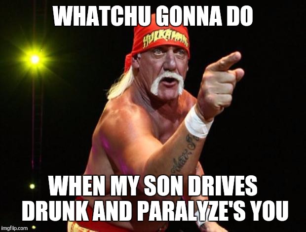 WHEN IT COMES CRASHING DOW AND AND HURTS INSIDE | WHATCHU GONNA DO; WHEN MY SON DRIVES DRUNK AND PARALYZE'S YOU | image tagged in hulk hogan | made w/ Imgflip meme maker