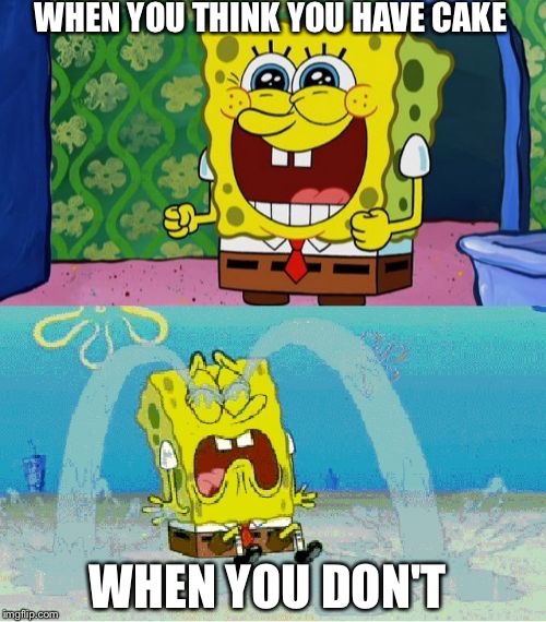 spongebob happy and sad | WHEN YOU THINK YOU HAVE CAKE; WHEN YOU DON'T | image tagged in spongebob happy and sad | made w/ Imgflip meme maker