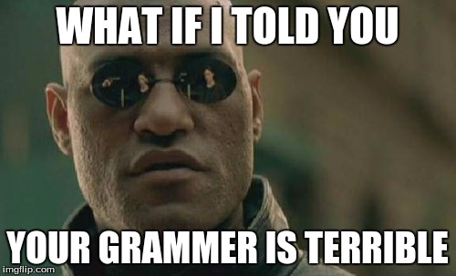 Matrix Morpheus Meme | WHAT IF I TOLD YOU YOUR GRAMMER IS TERRIBLE | image tagged in memes,matrix morpheus | made w/ Imgflip meme maker