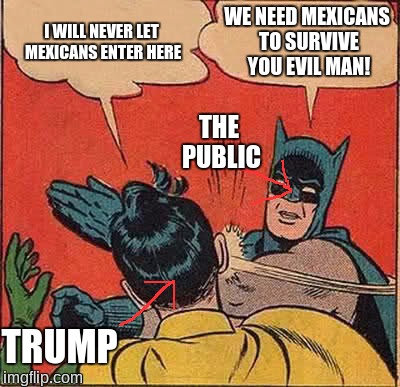 Batman Slapping Robin Meme | I WILL NEVER LET MEXICANS ENTER HERE; WE NEED MEXICANS TO SURVIVE YOU EVIL MAN! THE PUBLIC; TRUMP | image tagged in memes,batman slapping robin,mexican,donald trump,evil | made w/ Imgflip meme maker
