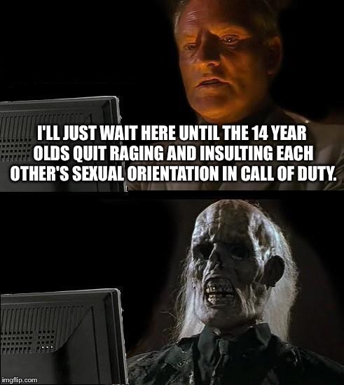 Anyone who has played online will feel this one... | I'LL JUST WAIT HERE UNTIL THE 14 YEAR OLDS QUIT RAGING AND INSULTING EACH OTHER'S SEXUAL ORIENTATION IN CALL OF DUTY. | image tagged in memes,ill just wait here,call of duty,kids | made w/ Imgflip meme maker