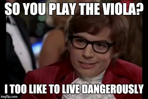So you play the viola... | SO YOU PLAY THE VIOLA? I TOO LIKE TO LIVE DANGEROUSLY | image tagged in memes,i too like to live dangerously,viola,violas,music | made w/ Imgflip meme maker