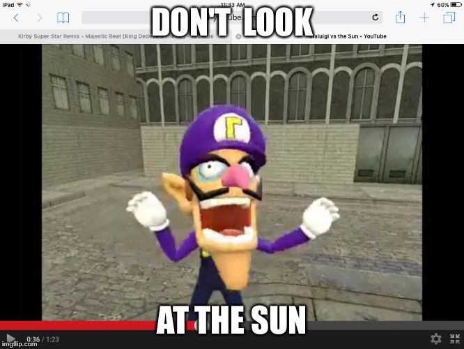 Waluigi | DON'T  LOOK; AT THE SUN | image tagged in waluigi | made w/ Imgflip meme maker