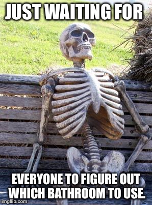 Just gonna wait it out... | JUST WAITING FOR; EVERYONE TO FIGURE OUT WHICH BATHROOM TO USE. | image tagged in memes,waiting skeleton,transgender bathroom,political | made w/ Imgflip meme maker