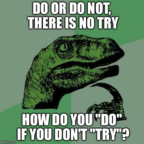 Philosoraptor | DO OR DO NOT, THERE IS NO TRY; HOW DO YOU "DO" IF YOU DON'T "TRY"? | image tagged in memes,philosoraptor | made w/ Imgflip meme maker