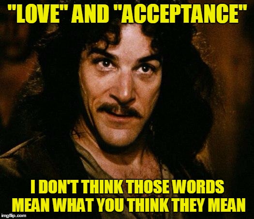 "LOVE" AND "ACCEPTANCE" I DON'T THINK THOSE WORDS MEAN WHAT YOU THINK THEY MEAN | made w/ Imgflip meme maker