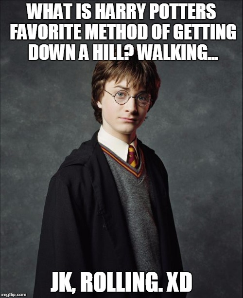 Harry Potter | WHAT IS HARRY POTTERS FAVORITE METHOD OF GETTING DOWN A HILL?
WALKING... JK, ROLLING. XD | image tagged in harry potter | made w/ Imgflip meme maker