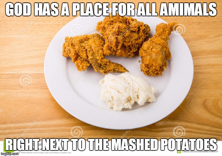 God's Place for Animals | GOD HAS A PLACE FOR ALL AMIMALS; RIGHT NEXT TO THE MASHED POTATOES | image tagged in god,food | made w/ Imgflip meme maker