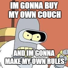 bender blackjack and hookers | IM GONNA BUY MY OWN COUCH; AND IM GONNA MAKE MY OWN RULES | image tagged in bender blackjack and hookers,AdviceAnimals | made w/ Imgflip meme maker