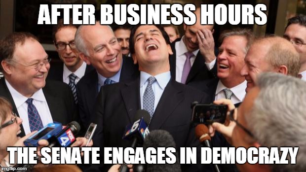 Democrazy | AFTER BUSINESS HOURS; THE SENATE ENGAGES IN DEMOCRAZY | image tagged in laughing politicians,democrazy,democracy | made w/ Imgflip meme maker