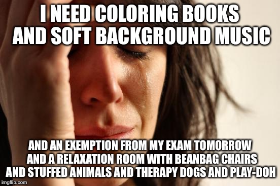 First World Problems Meme | I NEED COLORING BOOKS AND SOFT BACKGROUND MUSIC AND AN EXEMPTION FROM MY EXAM TOMORROW 
AND A RELAXATION ROOM WITH BEANBAG CHAIRS AND STUFFE | image tagged in memes,first world problems | made w/ Imgflip meme maker