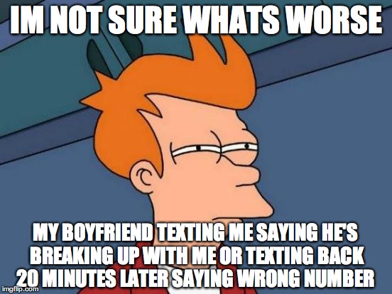 Futurama Fry | IM NOT SURE WHATS WORSE; MY BOYFRIEND TEXTING ME SAYING HE'S BREAKING UP WITH ME OR TEXTING BACK 20 MINUTES LATER SAYING WRONG NUMBER | image tagged in memes,futurama fry | made w/ Imgflip meme maker