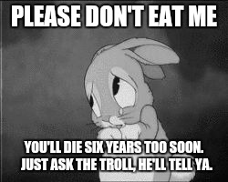 PLEASE DON'T EAT ME YOU'LL DIE SIX YEARS TOO SOON.  JUST ASK THE TROLL, HE'LL TELL YA. | made w/ Imgflip meme maker
