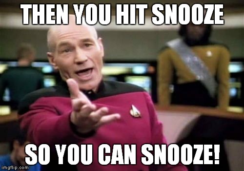 Picard Wtf Meme | THEN YOU HIT SNOOZE SO YOU CAN SNOOZE! | image tagged in memes,picard wtf | made w/ Imgflip meme maker