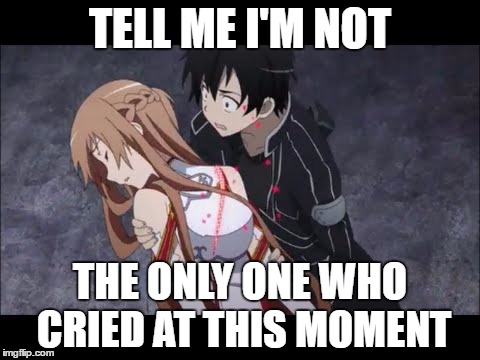 I got so emotional watching SAO | TELL ME I'M NOT; THE ONLY ONE WHO CRIED AT THIS MOMENT | image tagged in sao,memes,sad,sword art online,kirito | made w/ Imgflip meme maker
