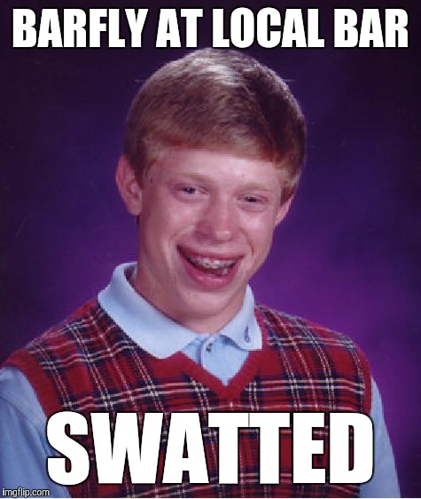 Bad Luck Brian | BARFLY AT LOCAL BAR; SWATTED | image tagged in memes,bad luck brian,funny,double meaning,bar fly,barf-ly | made w/ Imgflip meme maker